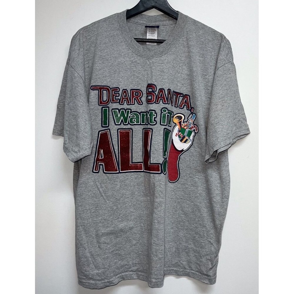 Vtg Mens Holiday Christmas Graphic T-shirt Dear Santa I Want It All Size XL Gray